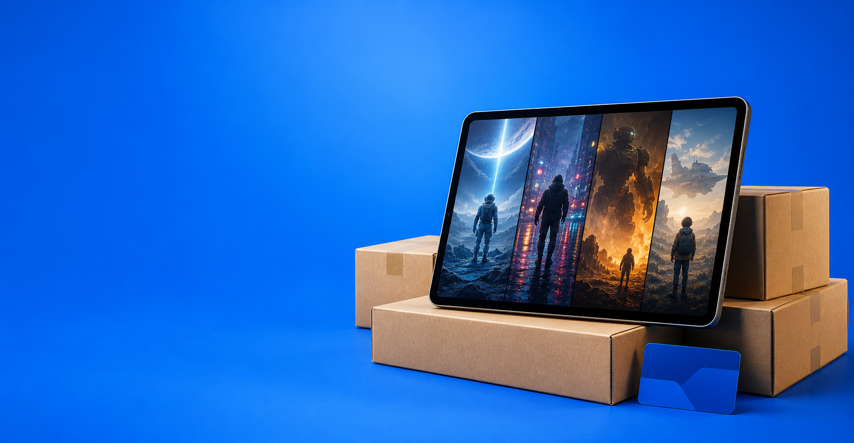 A generic marketplace plus membership hero with a tablet, shipping boxes, and a blue promotional background.